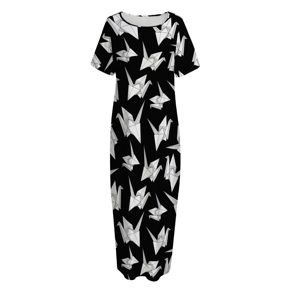 Black And White Origami Pattern Print Short Sleeve Long Nightdress