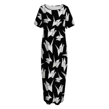 Black And White Origami Pattern Print Short Sleeve Long Nightdress