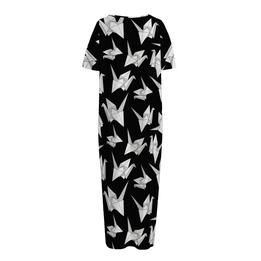 Black And White Origami Pattern Print Short Sleeve Long Nightdress