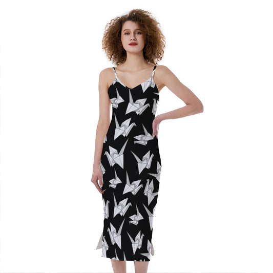 Black And White Origami Pattern Print Slim Fit Midi Cami Dress