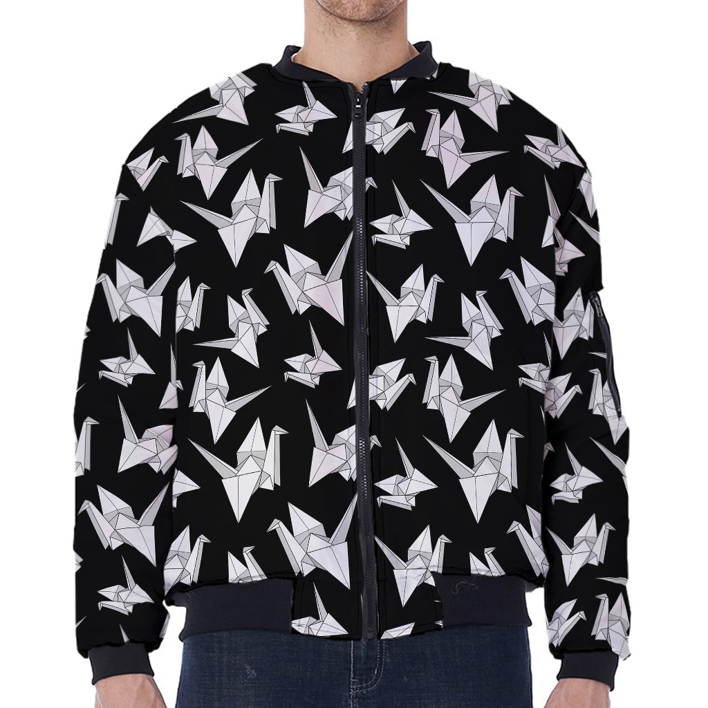 Black And White Origami Pattern Print Zip Sleeve Bomber Jacket