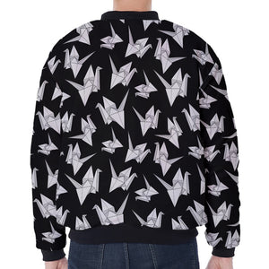 Black And White Origami Pattern Print Zip Sleeve Bomber Jacket