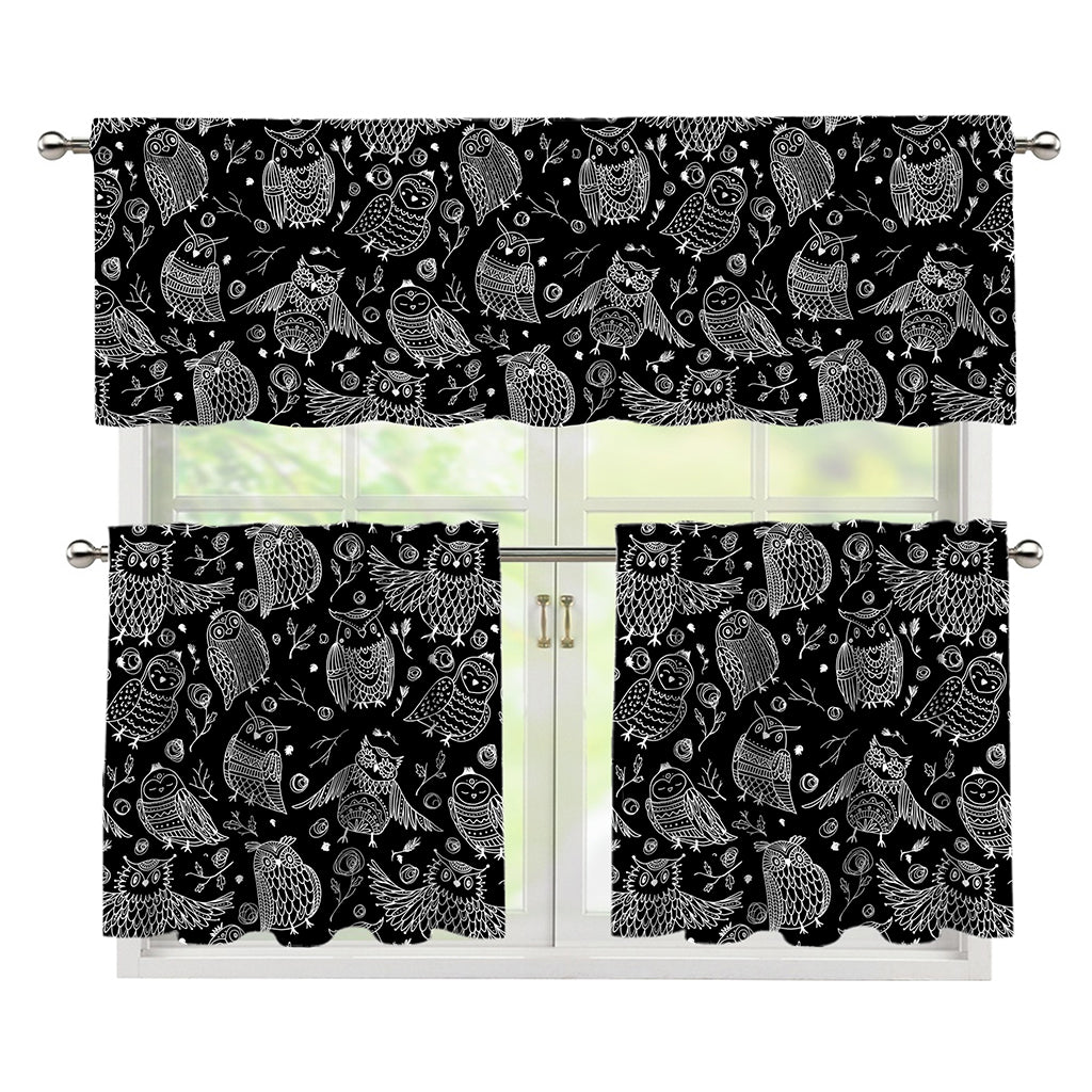 Black And White Owl Pattern Print 3 Piece Kitchen Curtains