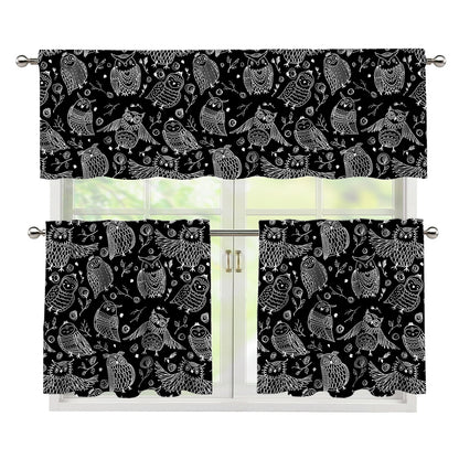 Black And White Owl Pattern Print 3 Piece Kitchen Curtains