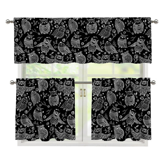 Black And White Owl Pattern Print 3 Piece Kitchen Curtains