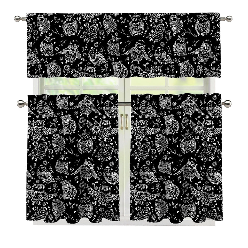 Black And White Owl Pattern Print 3 Piece Kitchen Curtains