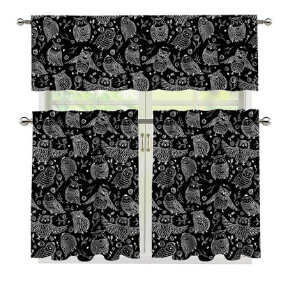 Black And White Owl Pattern Print 3 Piece Kitchen Curtains