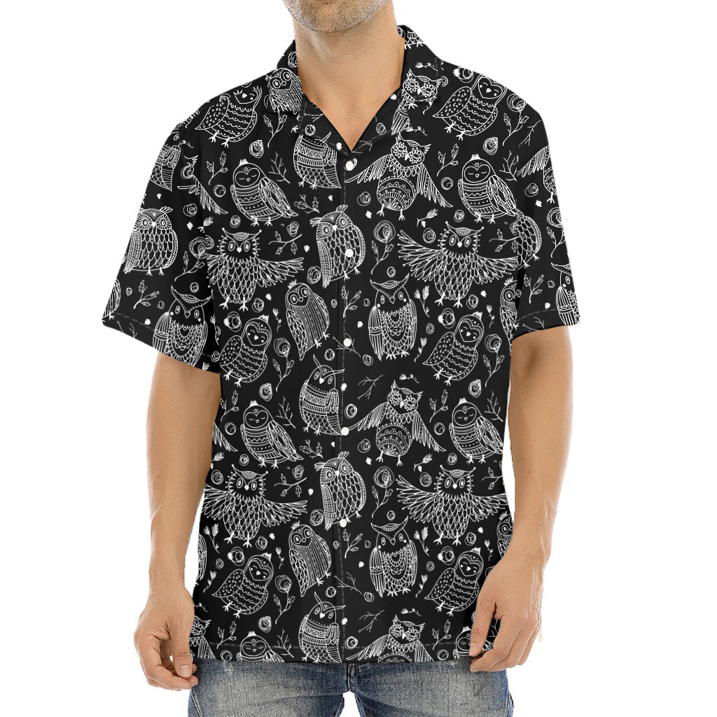 Black And White Owl Pattern Print Aloha Shirt