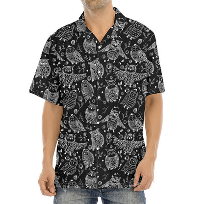 Black And White Owl Pattern Print Aloha Shirt