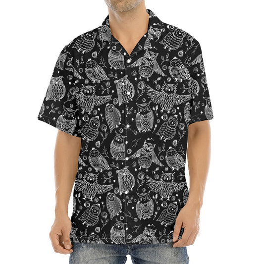 Black And White Owl Pattern Print Aloha Shirt