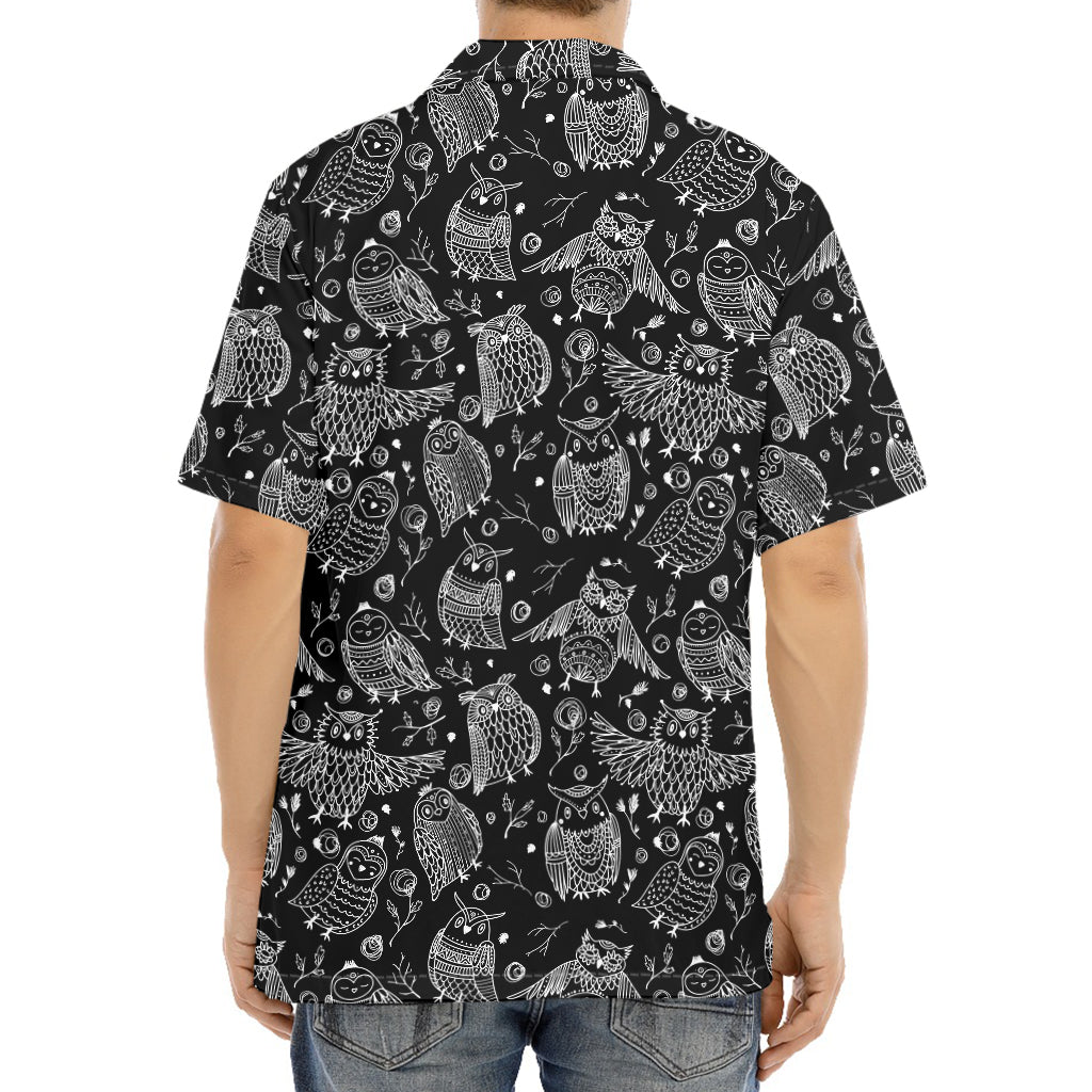 Black And White Owl Pattern Print Aloha Shirt