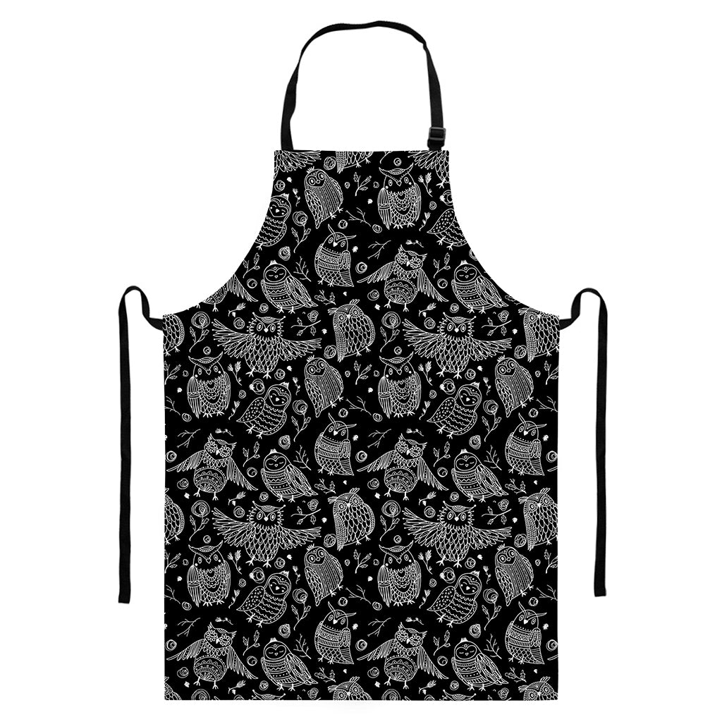 Black And White Owl Pattern Print Bib Apron With Pocket