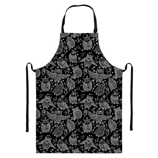 Black And White Owl Pattern Print Bib Apron With Pocket