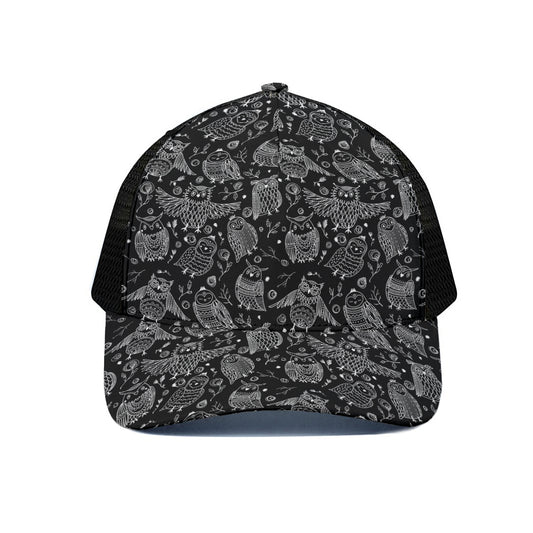 Black And White Owl Pattern Print Black Mesh Trucker Cap