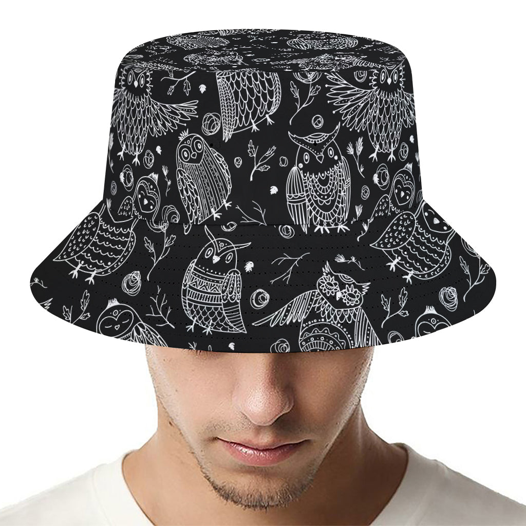 Black And White Owl Pattern Print Bucket Hat