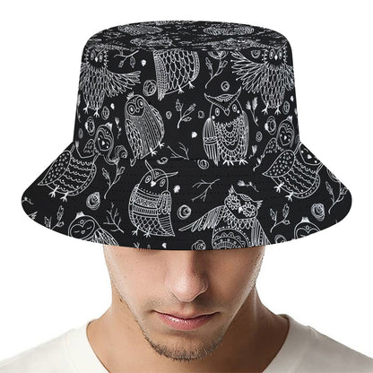 Black And White Owl Pattern Print Bucket Hat
