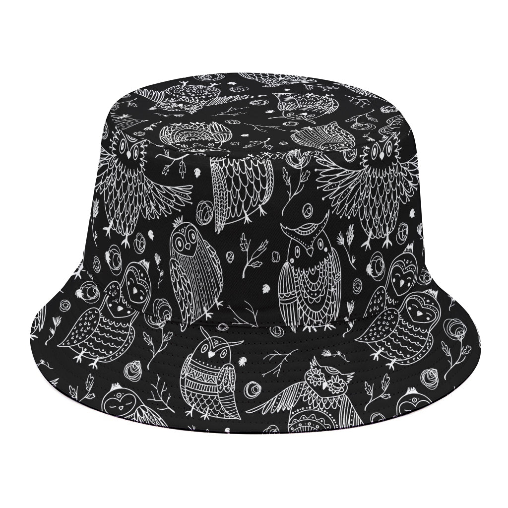 Black And White Owl Pattern Print Bucket Hat