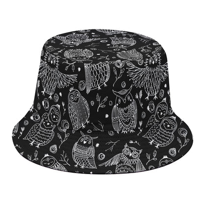 Black And White Owl Pattern Print Bucket Hat
