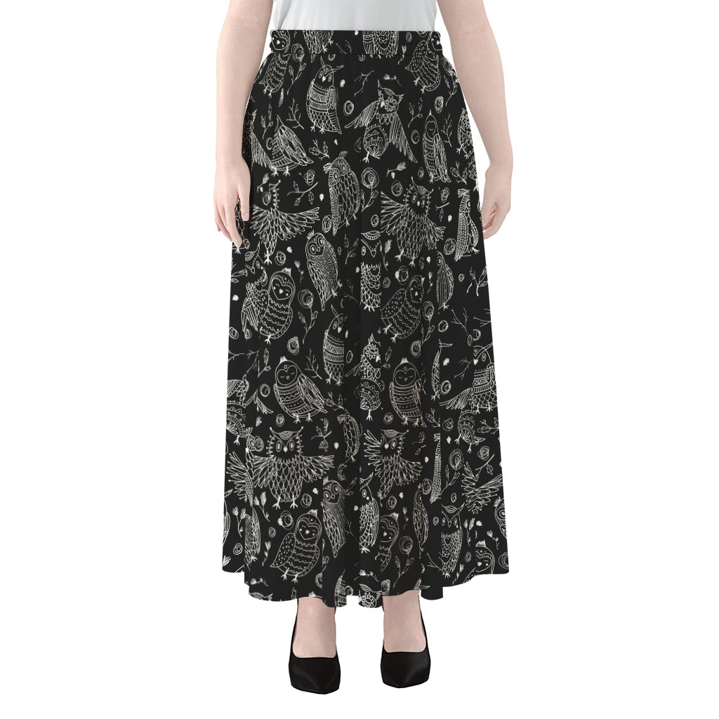 Black And White Owl Pattern Print Chiffon Maxi Skirt