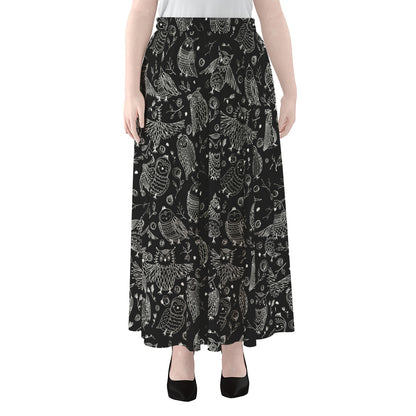 Black And White Owl Pattern Print Chiffon Maxi Skirt