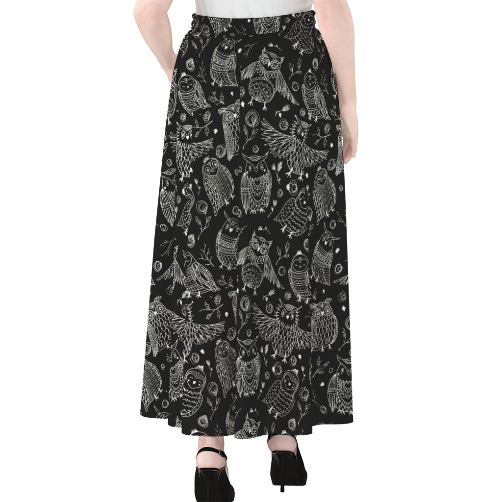 Black And White Owl Pattern Print Chiffon Maxi Skirt