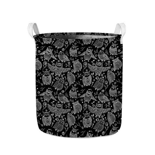 Black And White Owl Pattern Print Collapsible Laundry Basket