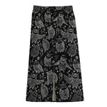 Black And White Owl Pattern Print Cotton Front Slit Maxi Skirt