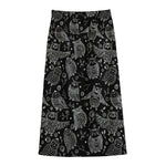 Black And White Owl Pattern Print Cotton Front Slit Maxi Skirt