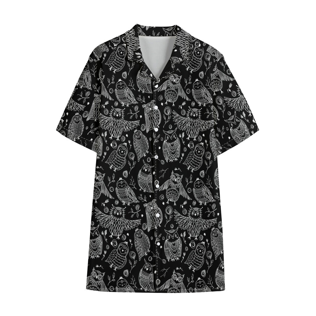 Black And White Owl Pattern Print Cotton Hawaiian Shirt