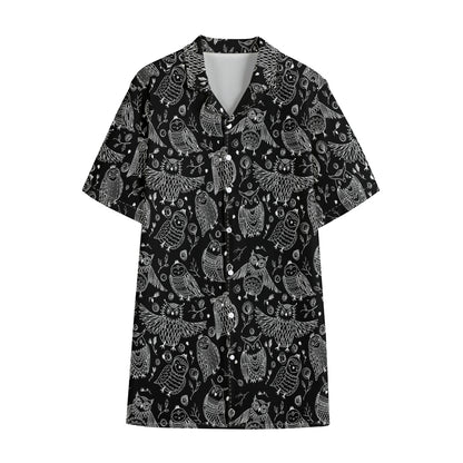 Black And White Owl Pattern Print Cotton Hawaiian Shirt