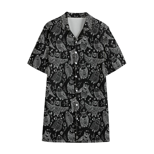 Black And White Owl Pattern Print Cotton Hawaiian Shirt