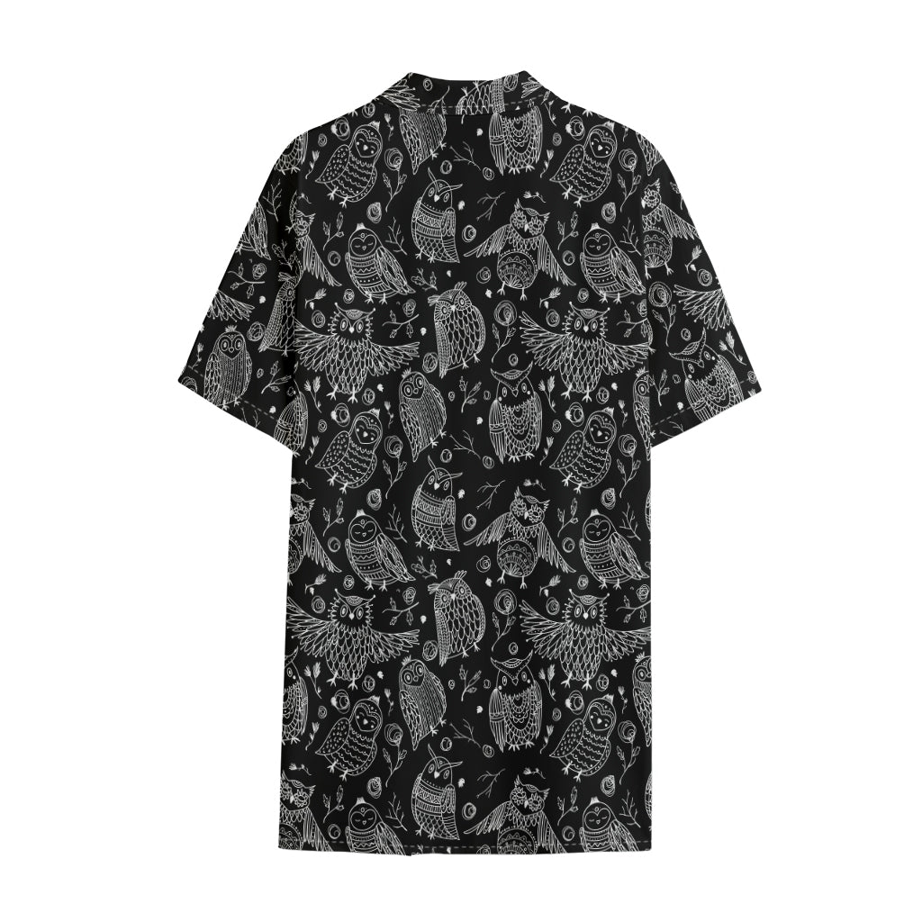 Black And White Owl Pattern Print Cotton Hawaiian Shirt