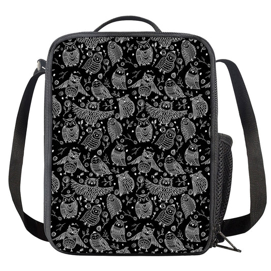 Black And White Owl Pattern Print Crossbody Lunch Bag