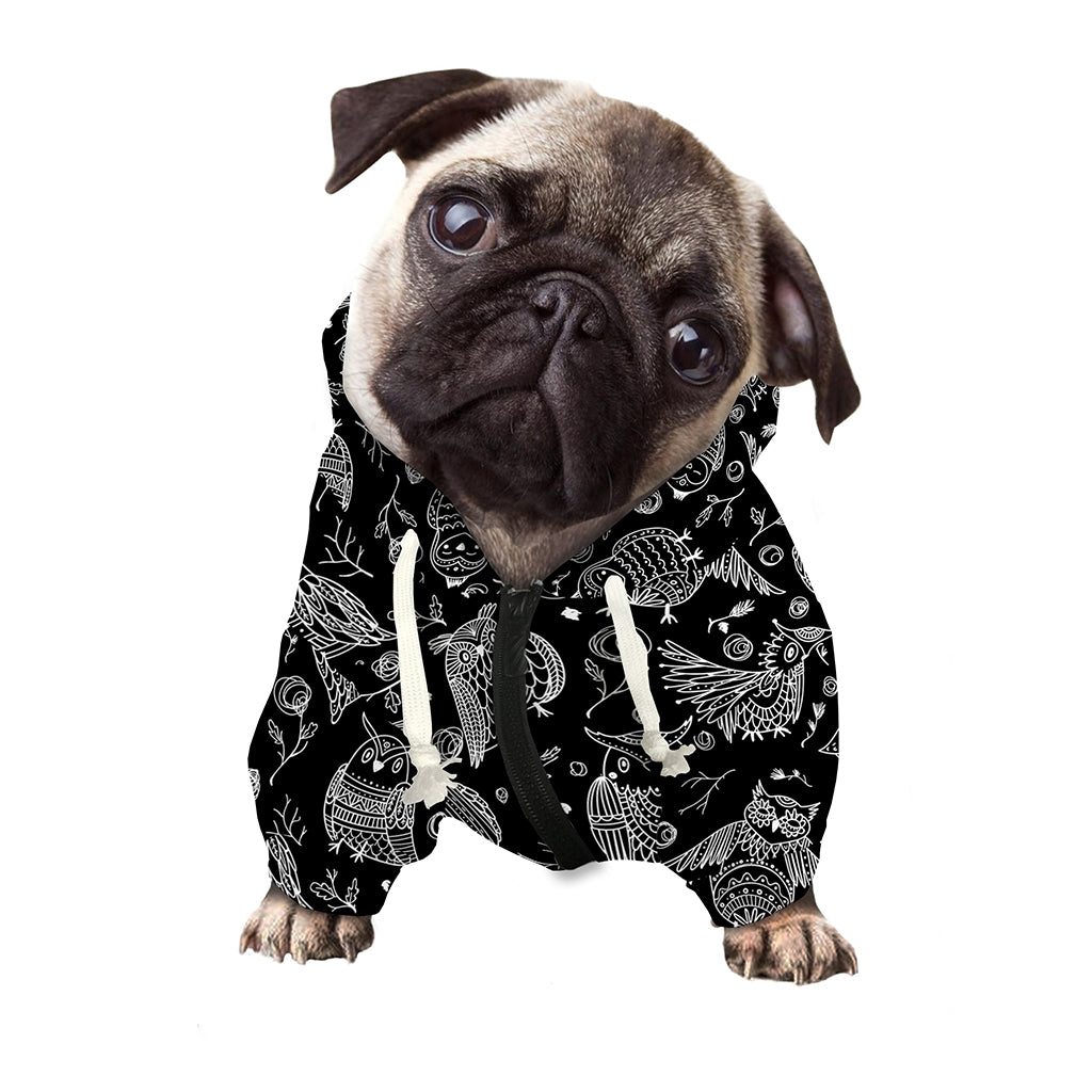 Black And White Owl Pattern Print Dog Zip Up Hoodie