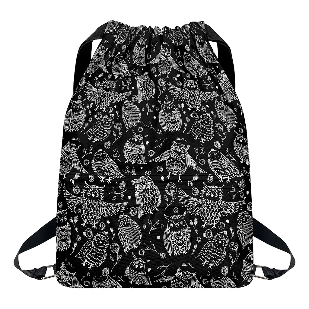 Black And White Owl Pattern Print Drawstring Backpack