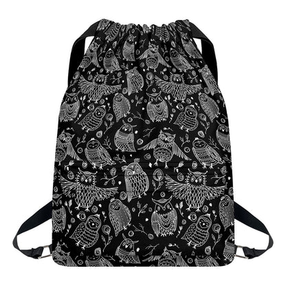 Black And White Owl Pattern Print Drawstring Backpack