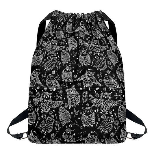 Black And White Owl Pattern Print Drawstring Backpack