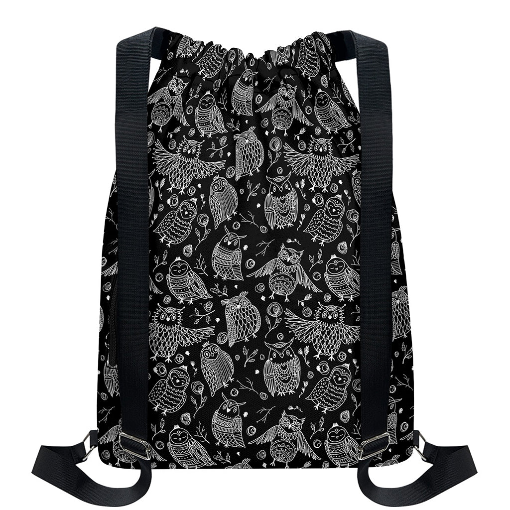 Black And White Owl Pattern Print Drawstring Backpack
