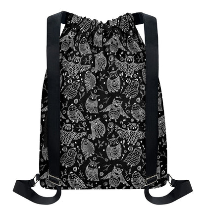 Black And White Owl Pattern Print Drawstring Backpack