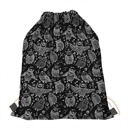Black And White Owl Pattern Print Drawstring Bag