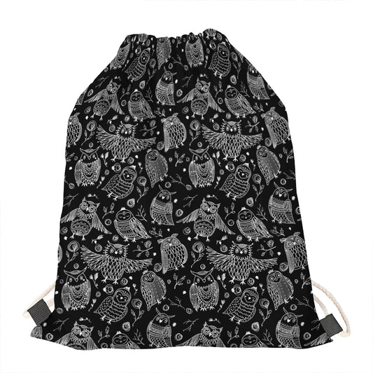 Black And White Owl Pattern Print Drawstring Bag