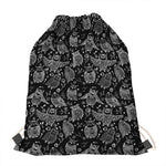 Black And White Owl Pattern Print Drawstring Bag
