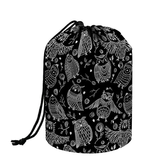 Black And White Owl Pattern Print Drawstring Makeup Bag