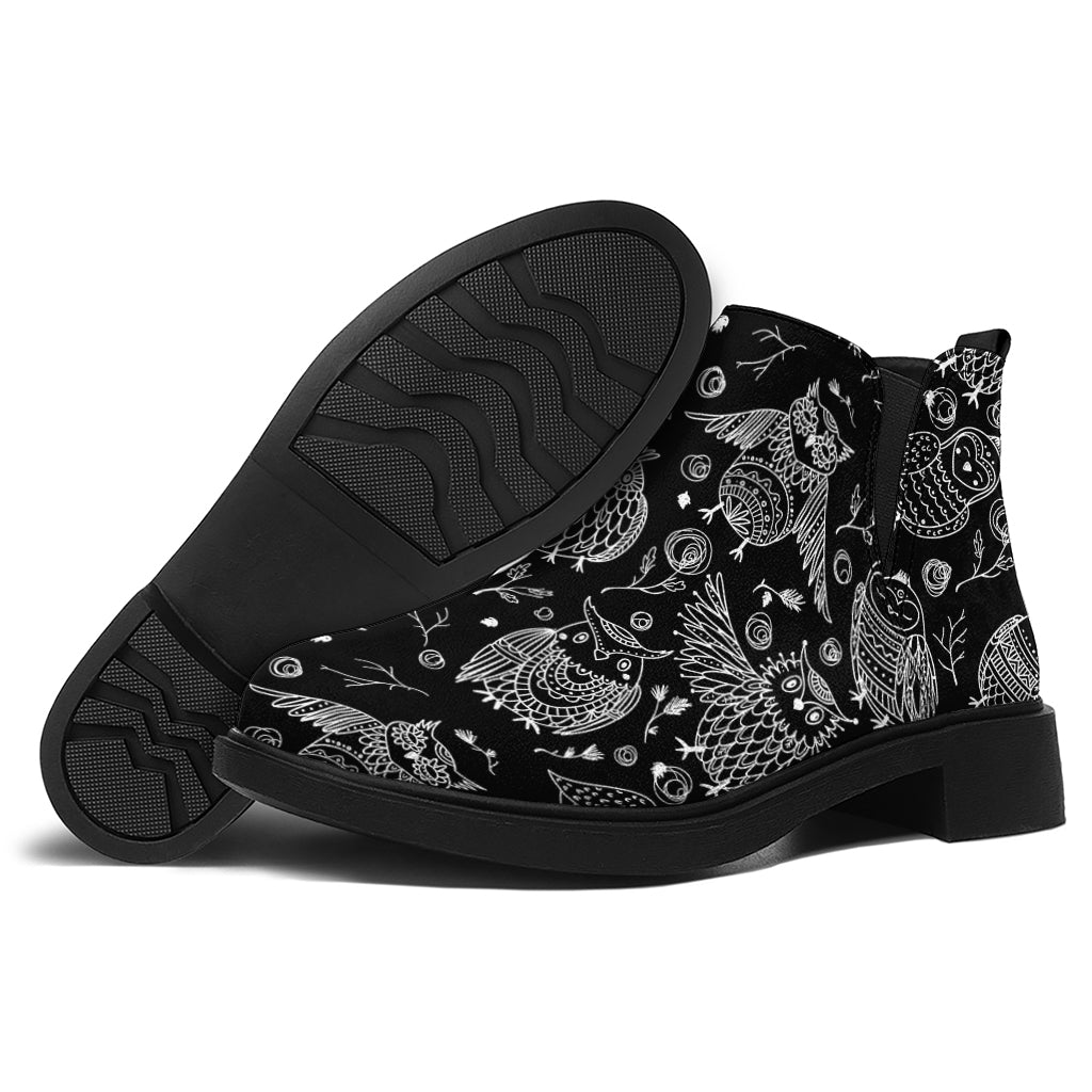 Black And White Owl Pattern Print Flat Ankle Boots