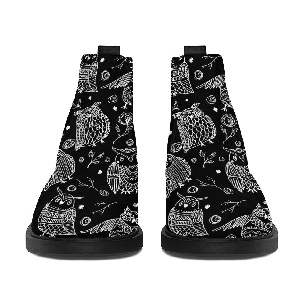 Black And White Owl Pattern Print Flat Ankle Boots