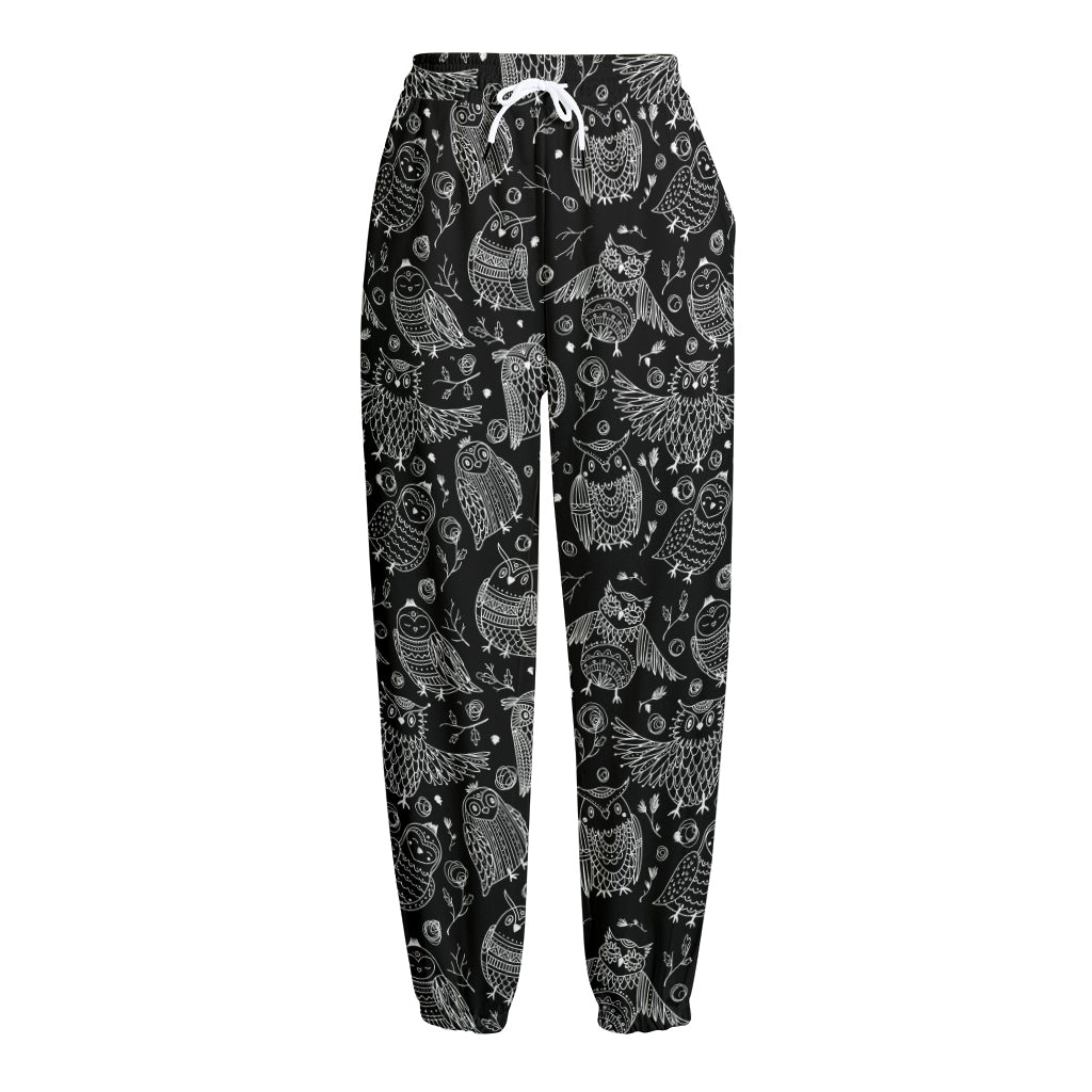 Black And White Owl Pattern Print Fleece Lined Knit Pants