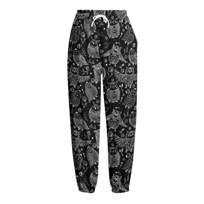 Black And White Owl Pattern Print Fleece Lined Knit Pants