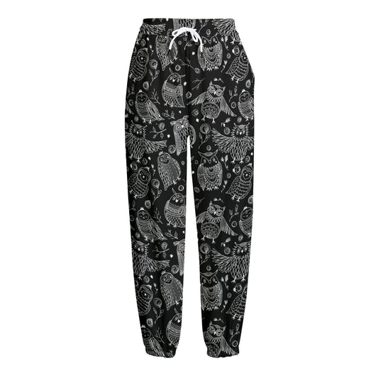 Black And White Owl Pattern Print Fleece Lined Knit Pants
