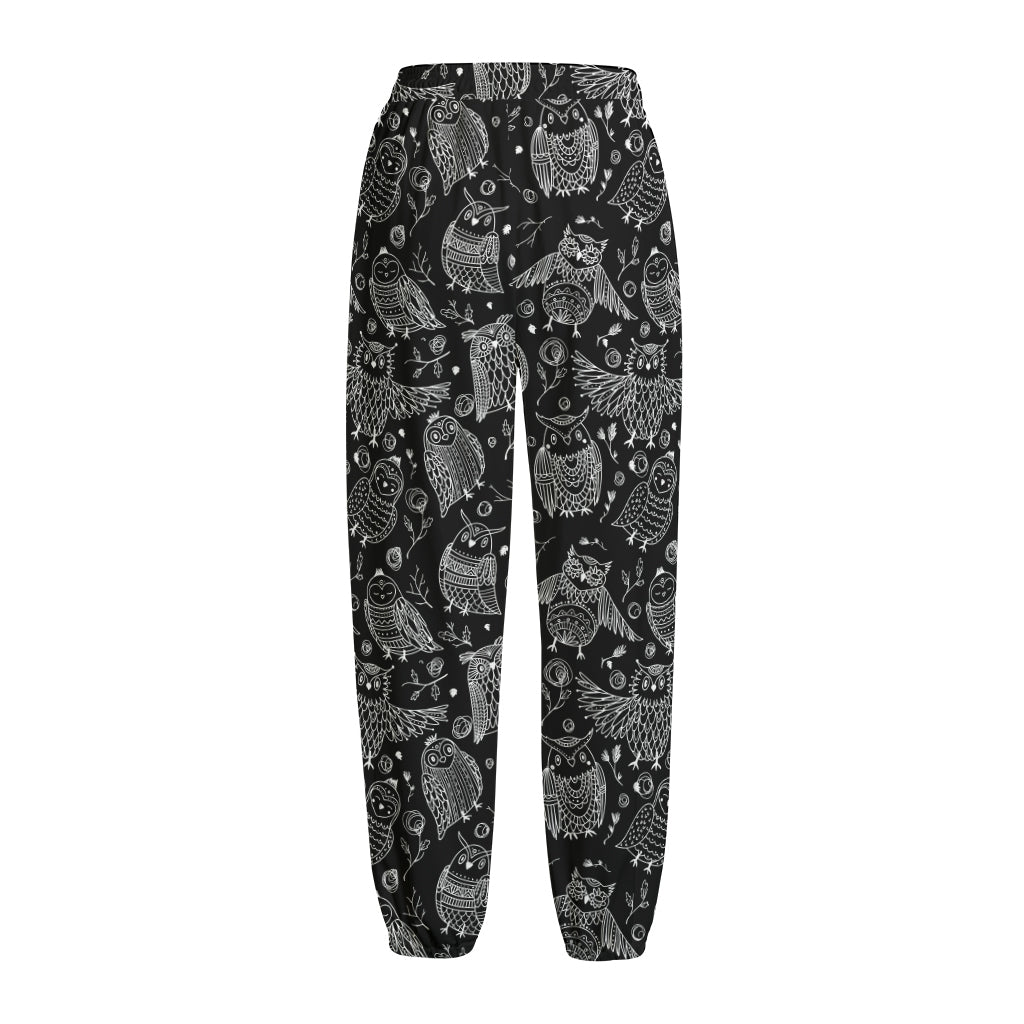 Black And White Owl Pattern Print Fleece Lined Knit Pants