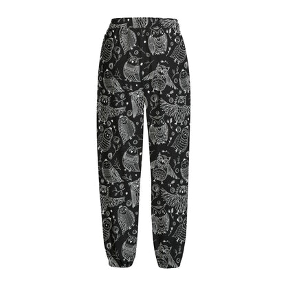 Black And White Owl Pattern Print Fleece Lined Knit Pants
